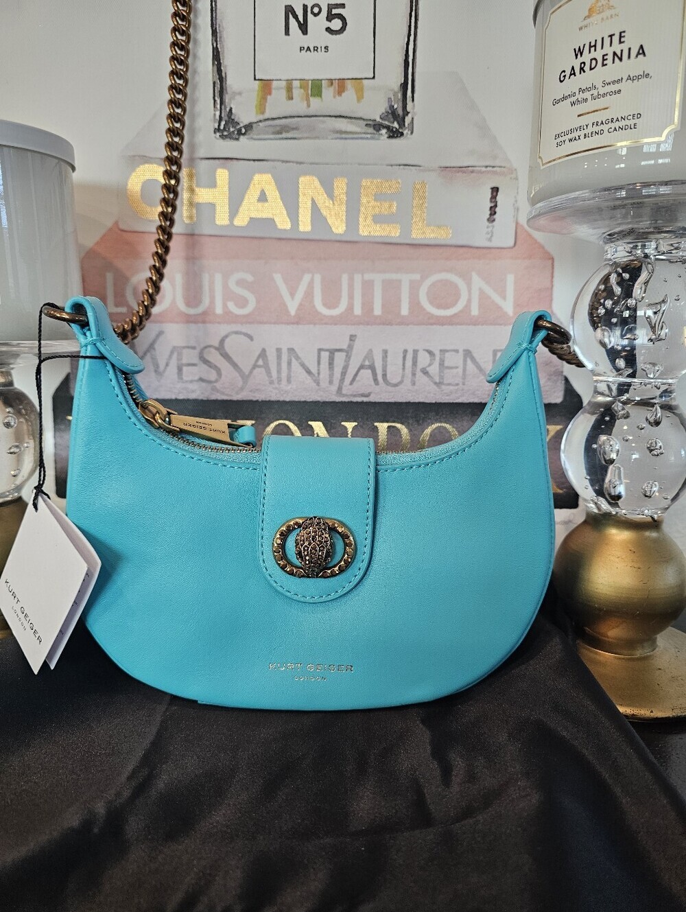 Kurt Geiger London Small  Leather Crescent Shoulder Bag with Gold Chain